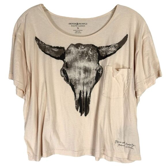 Denim & Supply Ralph Lauren Tops - Denim & Supply Ralph Lauren Cream Crop Top with Black Graphic